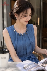 B1286 - Bộ linen: Áo cổ luồn hạt + Q suông