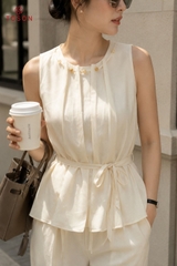 B1286 - Bộ linen: Áo cổ luồn hạt + Q suông