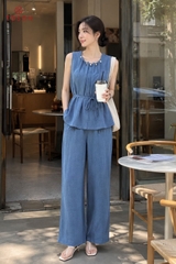B1286 - Bộ linen: Áo cổ luồn hạt + Q suông