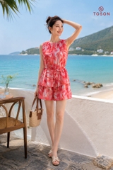 B1287E96 - Bộ silk hồng loang: áo xếp ly + Q short