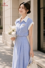 B1363K65  - Bộ kẻ xanh thô: Áo + Cvay xòe