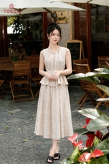 B1386 - Bộ linen: Áo xếp ly luồn hạt+ C.váy xòe