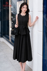 B1386 - Bộ linen: Áo xếp ly luồn hạt+ C.váy xòe