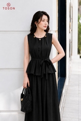 B1386 - Bộ linen: Áo xếp ly luồn hạt+ C.váy xòe