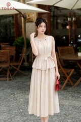 B1386 - Bộ linen: Áo xếp ly luồn hạt+ C.váy xòe