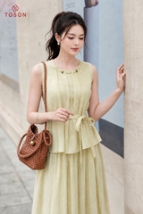 B1386 - Bộ linen: Áo xếp ly luồn hạt+ C.váy xòe