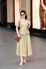 B1386 - Bộ linen: Áo xếp ly luồn hạt+ C.váy xòe