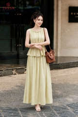 B1386 - Bộ linen: Áo xếp ly luồn hạt+ C.váy xòe
