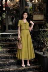 43180 - Đầm xòe tơ nâu mix áo khoác đính hoa thêu