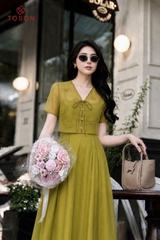 43180 - Đầm xòe tơ nâu mix áo khoác đính hoa thêu