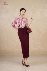 14089 - Áo lụa hoa hồng cổ xếp nơ.