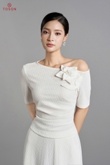 B1346 - Bộ thun len tím: Áo vai lệch đính hoa + C.Váy