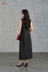 40093B65 - Đầm suông linen đen đính hoa trang trí