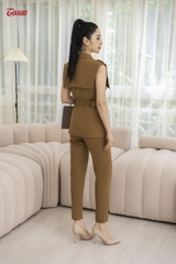 B8278N52 - Bộ Vest nâu bò Tuýp si: Áo vest sát nách thắt đai + Quần ôm