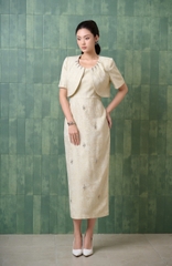 49308V75 - Đầm tiệc text vàng + áo lửng trùm vai