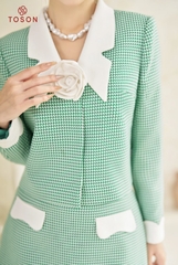 S8359X23 - Bộ tweet xanh: Áo vest cổ sen phối trắng + CV dáng A.