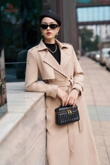 92002 - Măng tô dài dạ pha lê be nâu, thắt đai eo