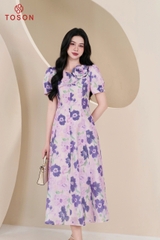 43919H95 - Đầm tơ xòe hoa, cổ đính bông hoa