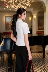 19140W96 - Áo ký giả trắng đũi nhật, cổ tạo nơ