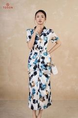 41095H85 - Đầm lụa hoa đen xếp ly thân trước