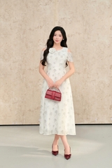 49069W95 - Đầm xòe tơ trắng in hoa