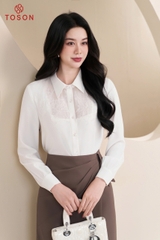 12117W96 - Áo tơ trắng 2 lớp cổ đức đính hoa