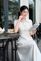 43156E96 - Đầm linen trắng phẩy,cổ đức bấu mí