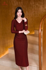 49120D65 - Đầm cổ đổ bling bling đỏ kim tuyến