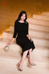 49008B95 - Đầm tay lỡ đen kim tuyến tạo xoắn