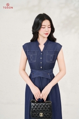 JDK06X65 - Đầm denim xanh eo chun tà bong chéo