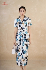 41095H85 - Đầm lụa hoa đen xếp ly thân trước