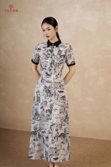 43084 - Đầm xòe lụa silk họa tiết hoa đen