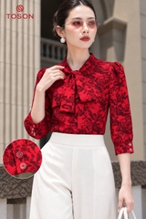 14129D36 - Áo hoa hồng silk cổ buộc nơ