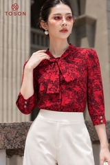 14129D36 - Áo hoa hồng silk cổ buộc nơ