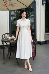 43156E96 - Đầm linen trắng phẩy,cổ đức bấu mí