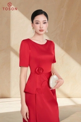 49529D54 - Đầm lụa tiệc đỏ tà bong đính hoa TT