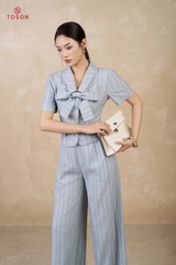 B1233 - Bộ đũi kẻ xanh: Áo đính nơ + Quần suông