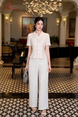 19141W96 - Áo ký giả đũi vân trắng, cổ đính hoa