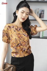 13037V93 - Áo lụa vàng họa tiết, dáng bo gấu tay zắc lăng...