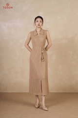 42063N95 - Đầm ren sợi nâu, thắt đai eo