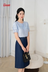 14075X63 -Áo tơ gân xanh dáng suông, tay ngực thêu bô đê.