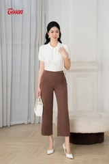 24044Z53- Quần nâu ống suông rộng, cạp cao phối dây nơ