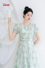 44140X63 - Đầm thô hoa xanh dáng xòe thắt đai eo..