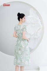 44140X63 - Đầm thô hoa xanh dáng xòe thắt đai eo..