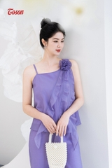 B1245T63 - Set bộ tơ tím: Áo xếp bèo cuốn hoa + quần dáng suông Limitted..