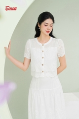 B1343W63- Set bộ thô boil trắng thêu bô đê: áo croptop + chân váy xòe