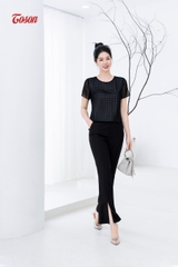 28134B63 - Quần trượt hàn đen, cạp cao dáng dài ống xẻ vẩy.