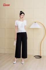 14088W63 - Áo trắng xước nhật dáng peplump cổ chéo đính bông hoa.