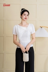 14088W63 - Áo trắng xước nhật dáng peplump cổ chéo đính bông hoa.