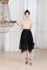 17926N34 - Áo len be nâu dệt sóng - vai đổ xếp tà boong